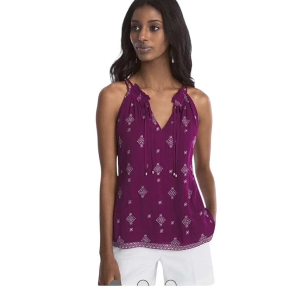 White House Black Market Silver Embroidered Tank XS Tie Neck Boho Bohemian